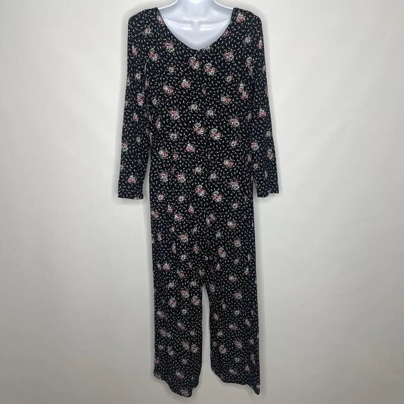Vintage 80s EXPO Black Pink White Ditsy Floral Crop Wide Leg Jumpsuit - Picture 5 of 8